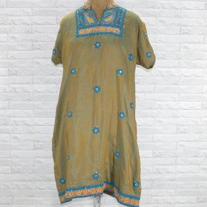 HANDMADE Kurta Iridescent Green Turquoise Tunic Dress Embroidered Top Floral